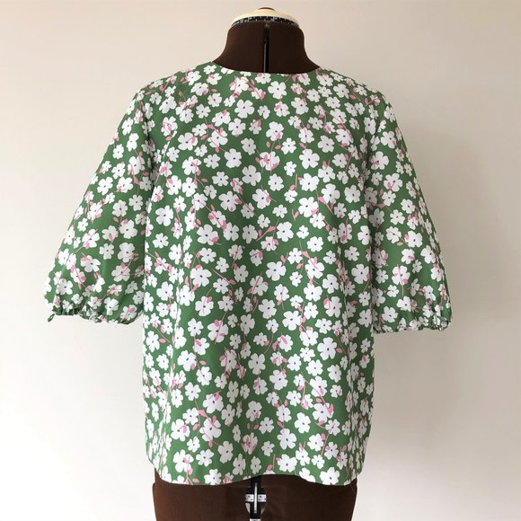 Green and Pink Floral Top with Elbow Puff Sleeves - Picture 1 of 8
